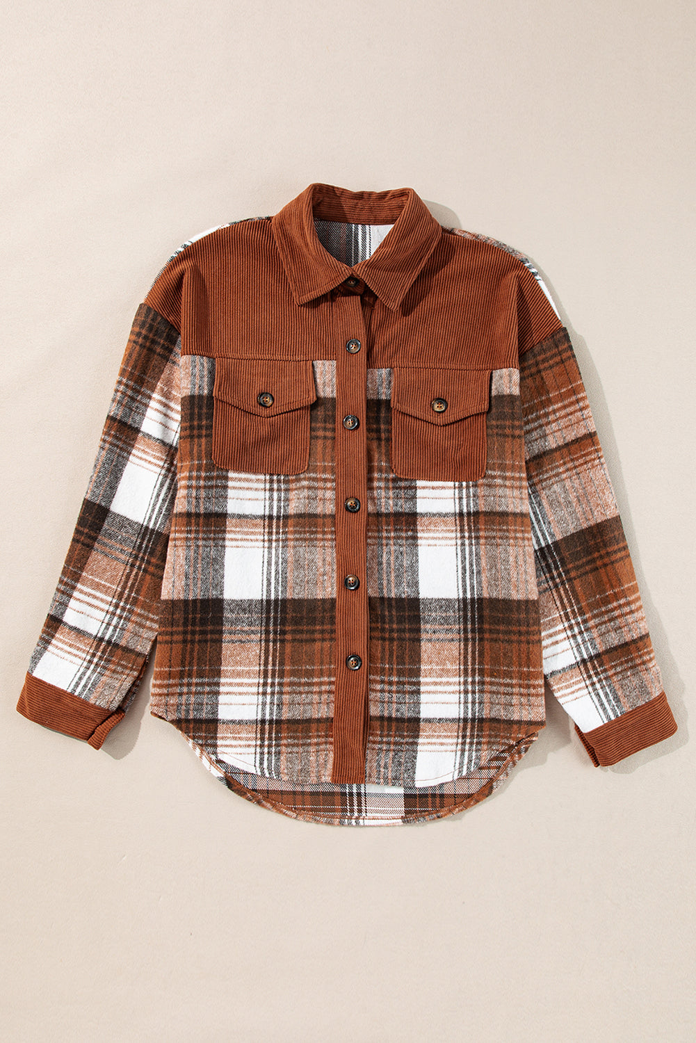 Cinnamon Plaid Corduroy Patchwork Chest Pocket Shacket - Premium Outerwear/Plaid Shackets from Momma Done Gone Crafty- Just $46.99! Shop now at Momma Done Gone Crafty