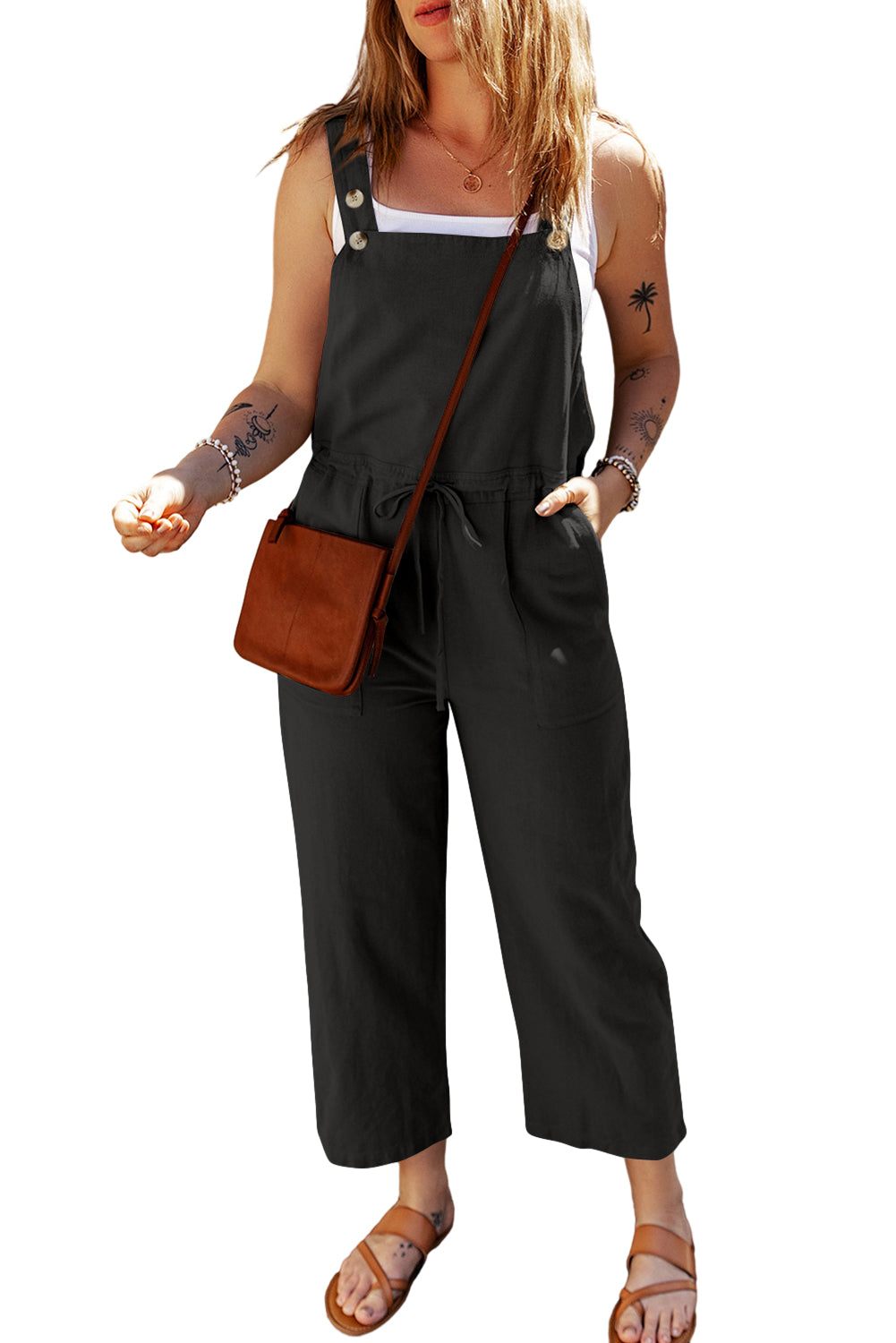 Black Drawstring Buttoned Straps Cropped Overall - Premium Bottoms/Jumpsuits & Rompers from Momma Done Gone Crafty- Just $42.99! Shop now at Momma Done Gone Crafty