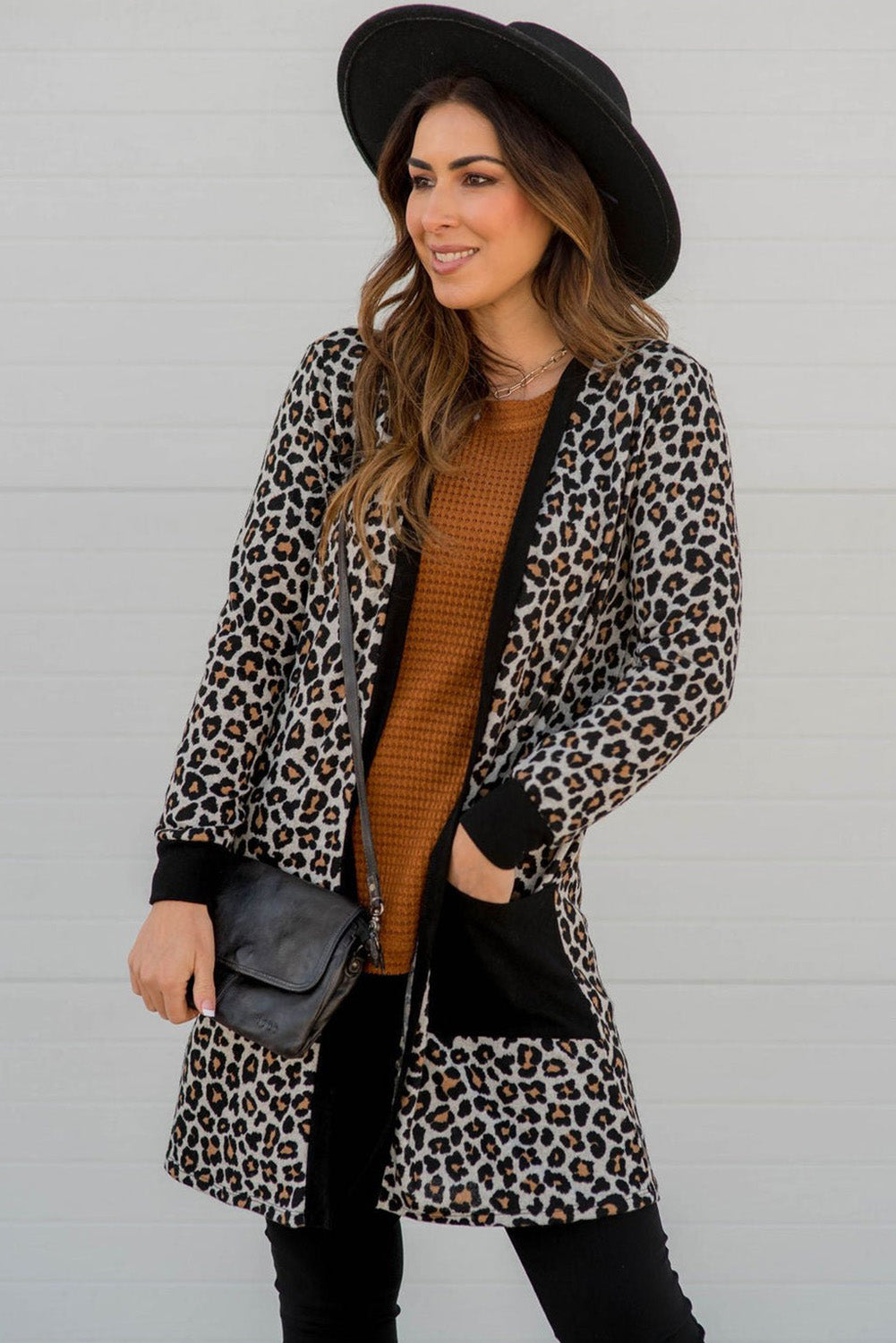 Black Leopard Patched Pocket Open Front Cardigan - Premium Sweaters & Cardigans/Cardigans from Momma Done Gone Crafty- Just $15.75! Shop now at Momma Done Gone Crafty