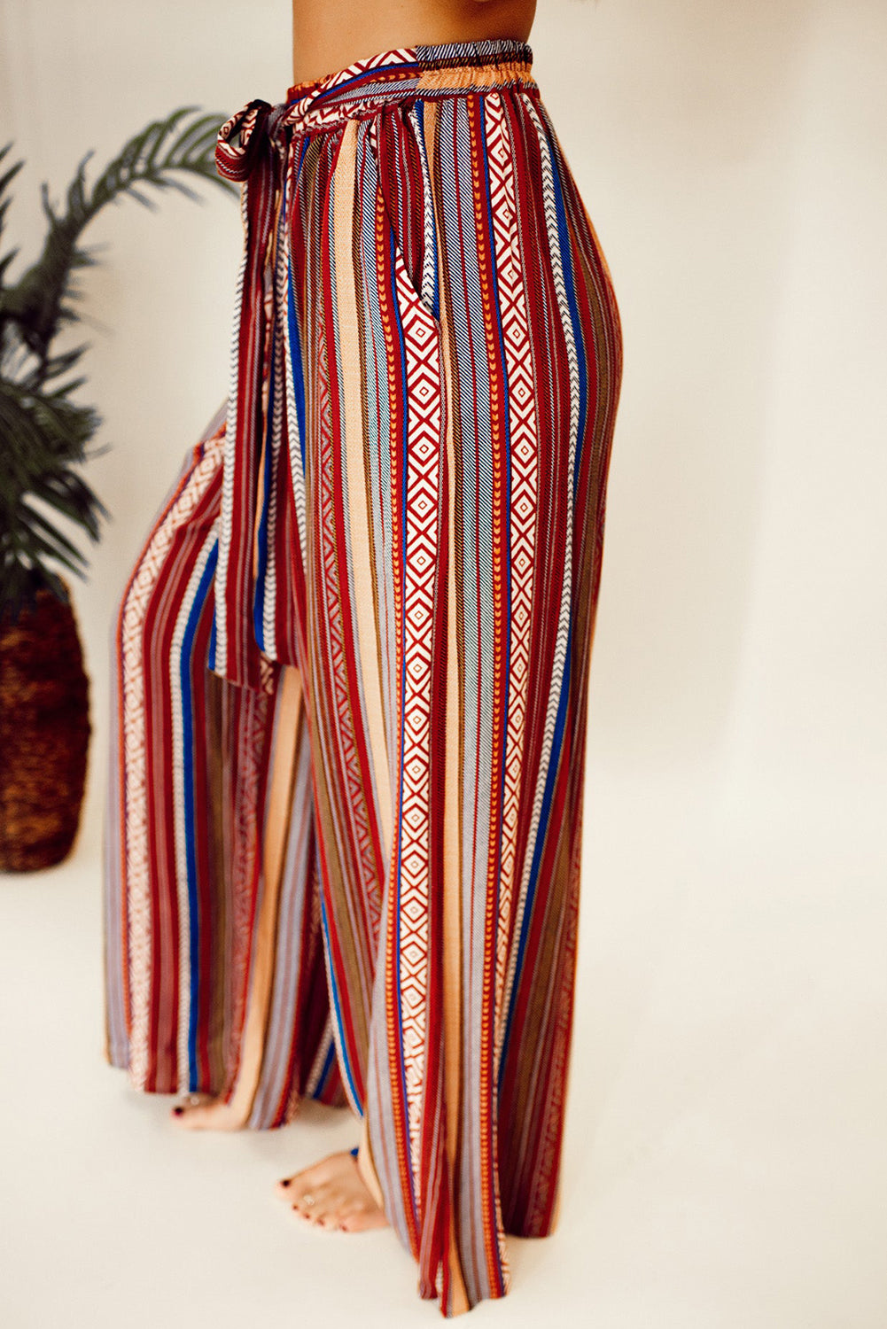 Red Boho Ethnic Striped Print Tie Waist Wide Leg Pants - Premium Bottoms/Pants & Culotte from Momma Done Gone Crafty- Just $22.83! Shop now at Momma Done Gone Crafty