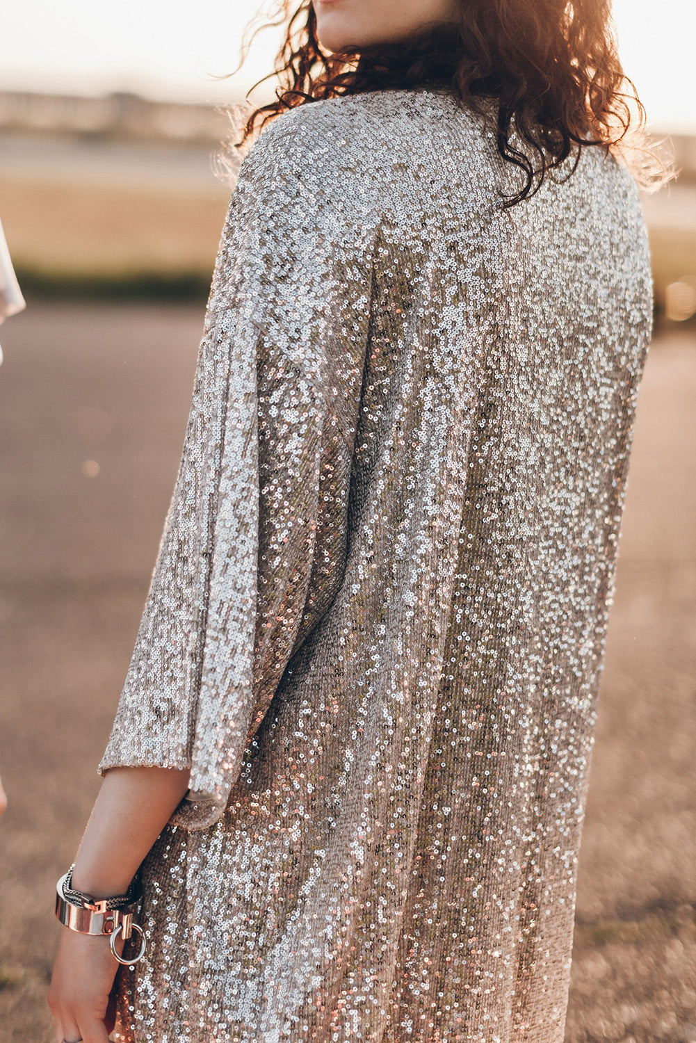 Apricot Sequin 3/4 Sleeve Open Front Duster Kimono - Premium Outerwear from Momma Done Gone Crafty- Just $60.99! Shop now at Momma Done Gone Crafty