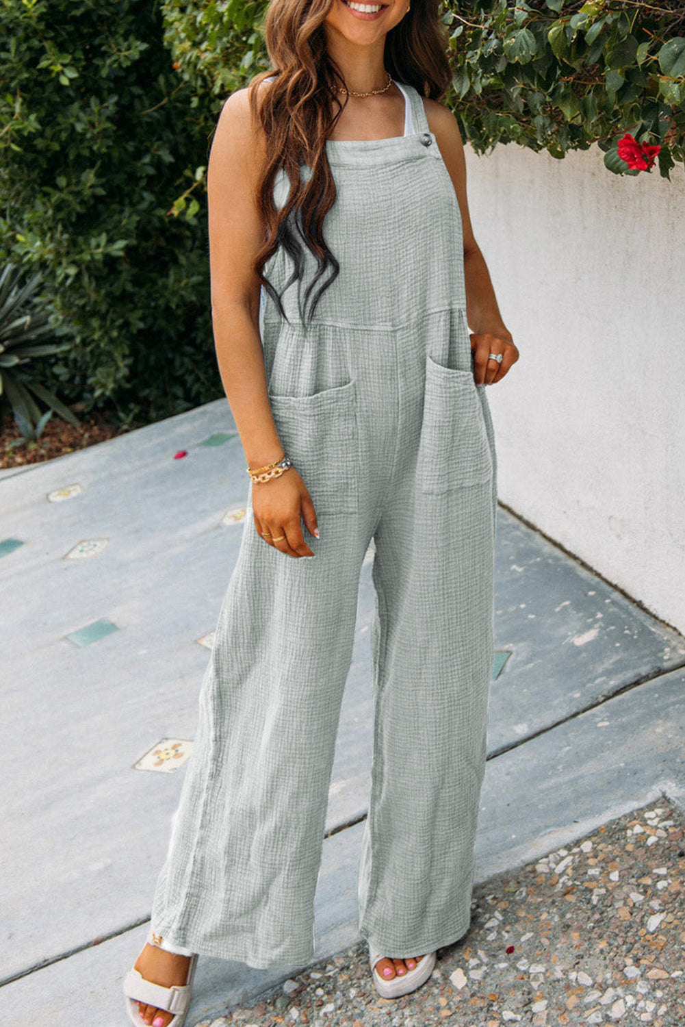 Gray Textured Wide Leg Overall with Pockets - Premium Bottoms from Momma Done Gone Crafty- Just $31.50! Shop now at Momma Done Gone Crafty