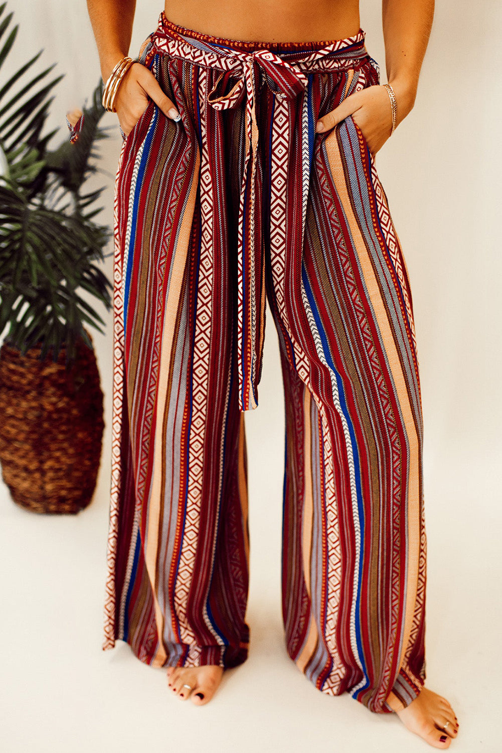 Red Boho Ethnic Striped Print Tie Waist Wide Leg Pants - Premium Bottoms/Pants & Culotte from Momma Done Gone Crafty- Just $22.83! Shop now at Momma Done Gone Crafty