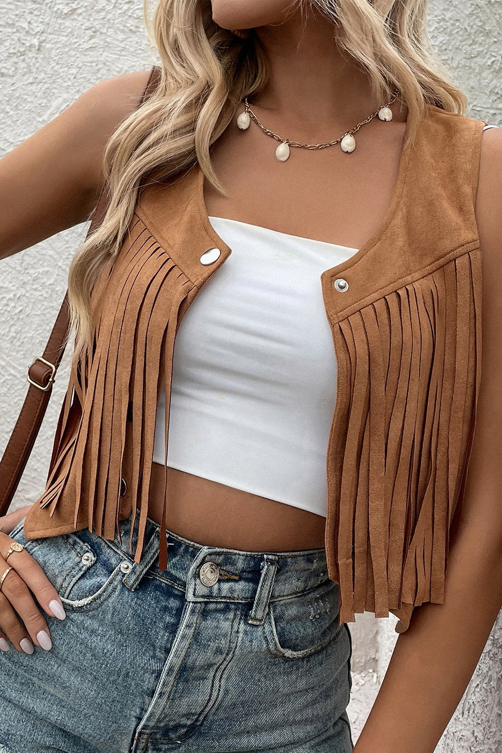 Camel Fringed Snap Button Front Suedette Vest - Premium Outerwear/Jackets from Momma Done Gone Crafty- Just $18.84! Shop now at Momma Done Gone Crafty