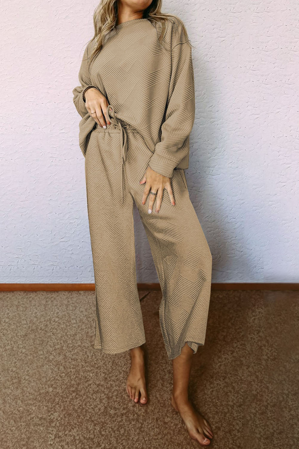 Khaki Ultra Loose Textured 2pcs Slouchy Outfit - Premium Loungewear from Momma Done Gone Crafty- Just $62.99! Shop now at Momma Done Gone Crafty