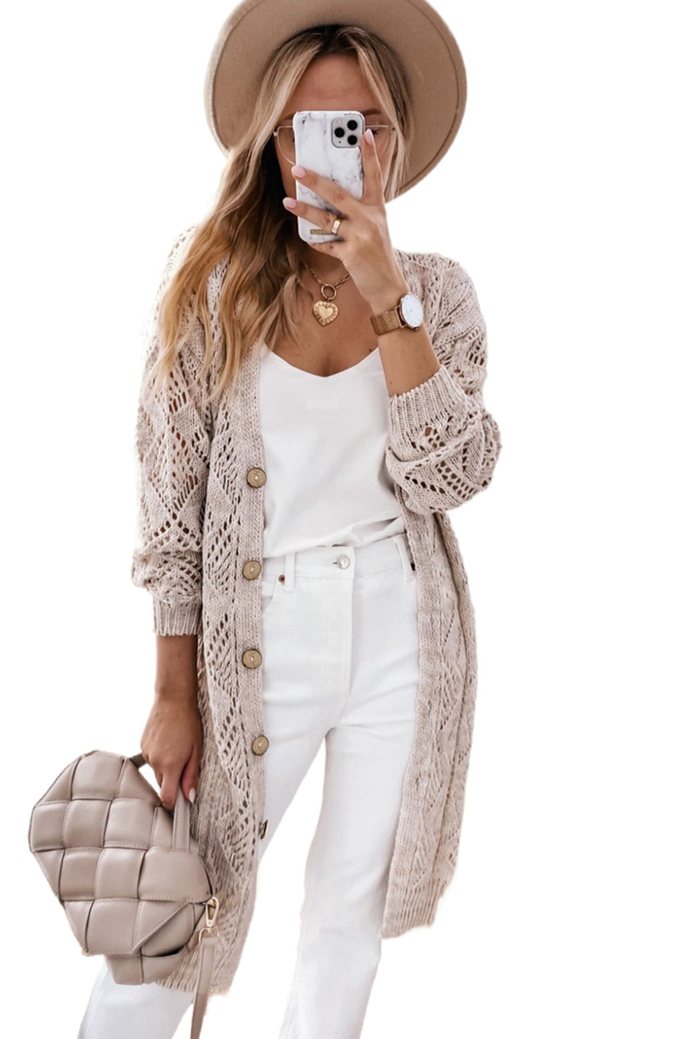 Khaki Hollow-out Openwork Knit Cardigan - Premium Tops from Momma Done Gone Crafty- Just $49.99! Shop now at Momma Done Gone Crafty