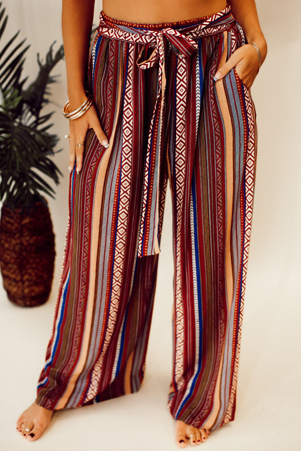 Red Boho Ethnic Striped Print Tie Waist Wide Leg Pants - Premium Bottoms/Pants & Culotte from Momma Done Gone Crafty- Just $22.83! Shop now at Momma Done Gone Crafty