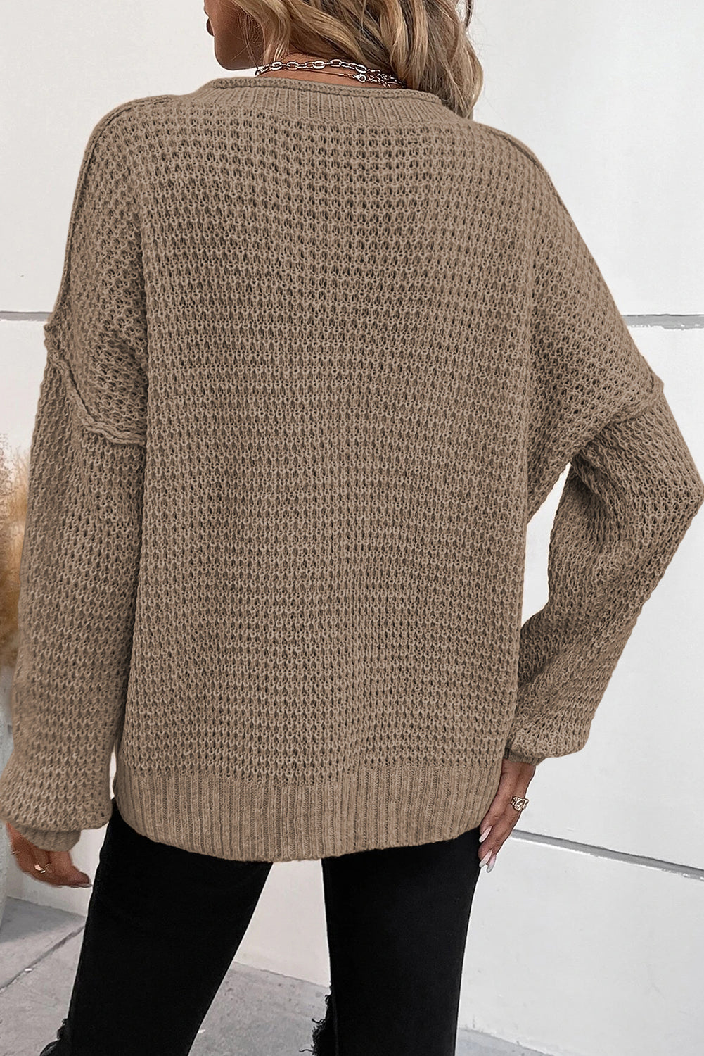 Khaki Pointelle Knit Button V Neck Drop Shoulder Sweater - Premium Tops from Momma Done Gone Crafty- Just $43.65! Shop now at Momma Done Gone Crafty