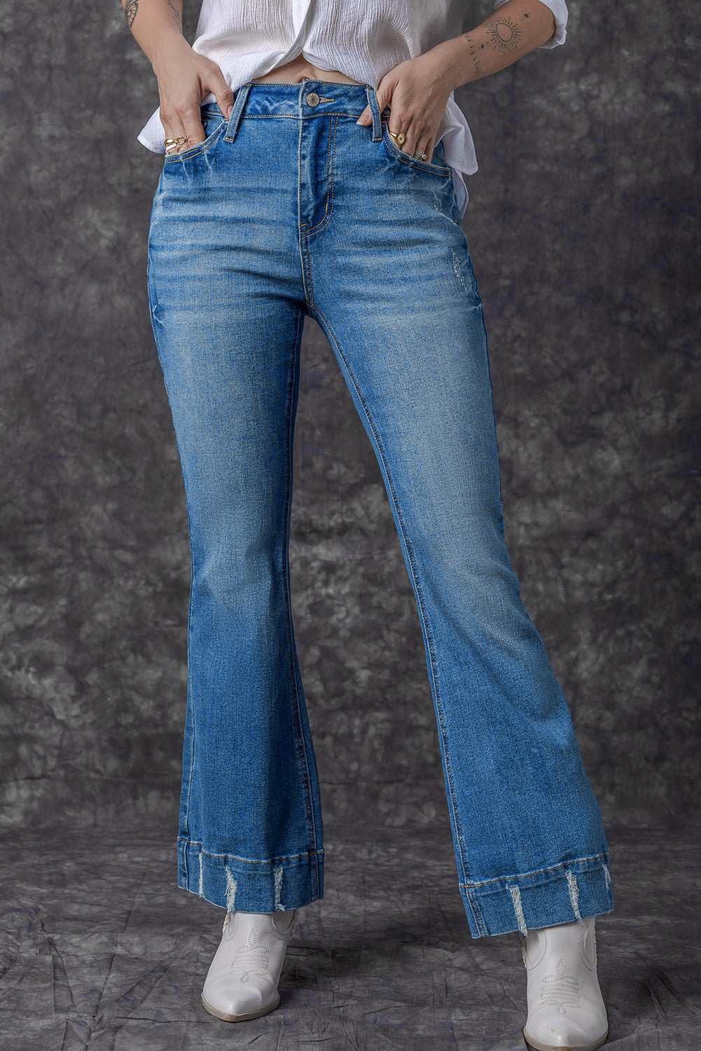 Sky Blue Slight Distressed Medium Wash Flare Jeans - Premium Bottoms from Momma Done Gone Crafty- Just $69.30! Shop now at Momma Done Gone Crafty