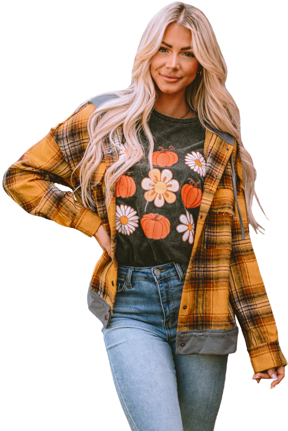 Orange Plaid Patch Hooded Frayed Snap Button Jacket - Premium Outerwear from Momma Done Gone Crafty- Just $52.62! Shop now at Momma Done Gone Crafty