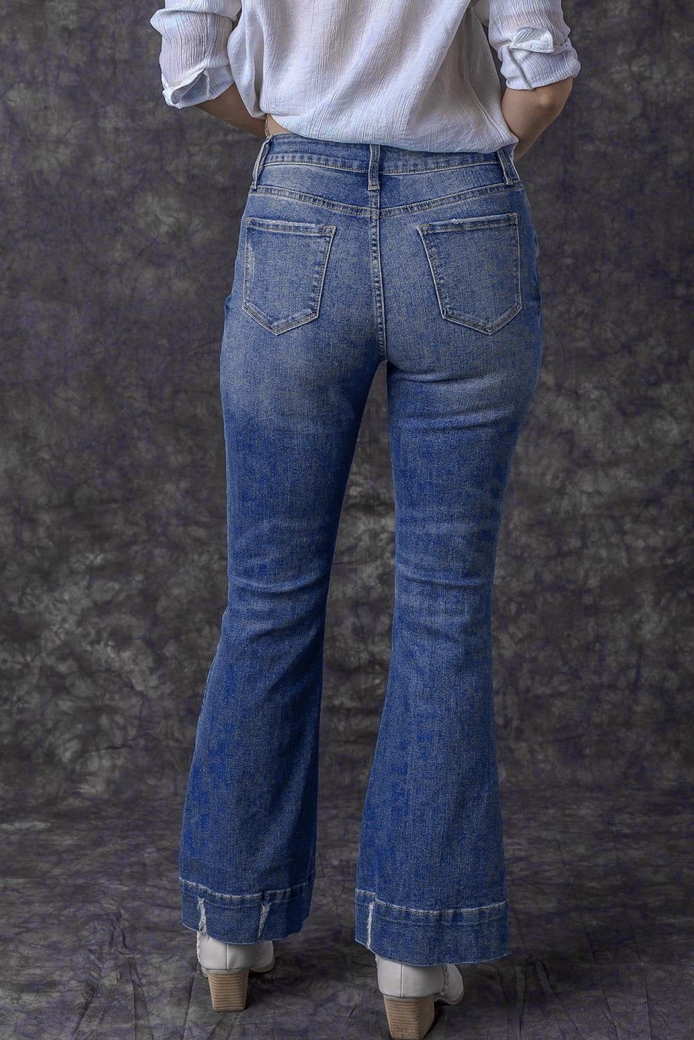Sky Blue Slight Distressed Medium Wash Flare Jeans - Premium Bottoms from Momma Done Gone Crafty- Just $69.30! Shop now at Momma Done Gone Crafty