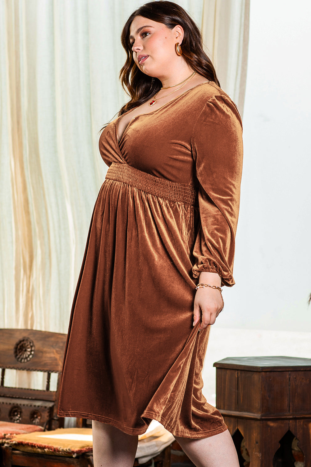 Camel Surplice V Neck Balloon Sleeve Velvet Dress - Premium Plus Size/Plus Size Dresses/Plus Size Maxi Dresses from Momma Done Gone Crafty- Just $35.16! Shop now at Momma Done Gone Crafty