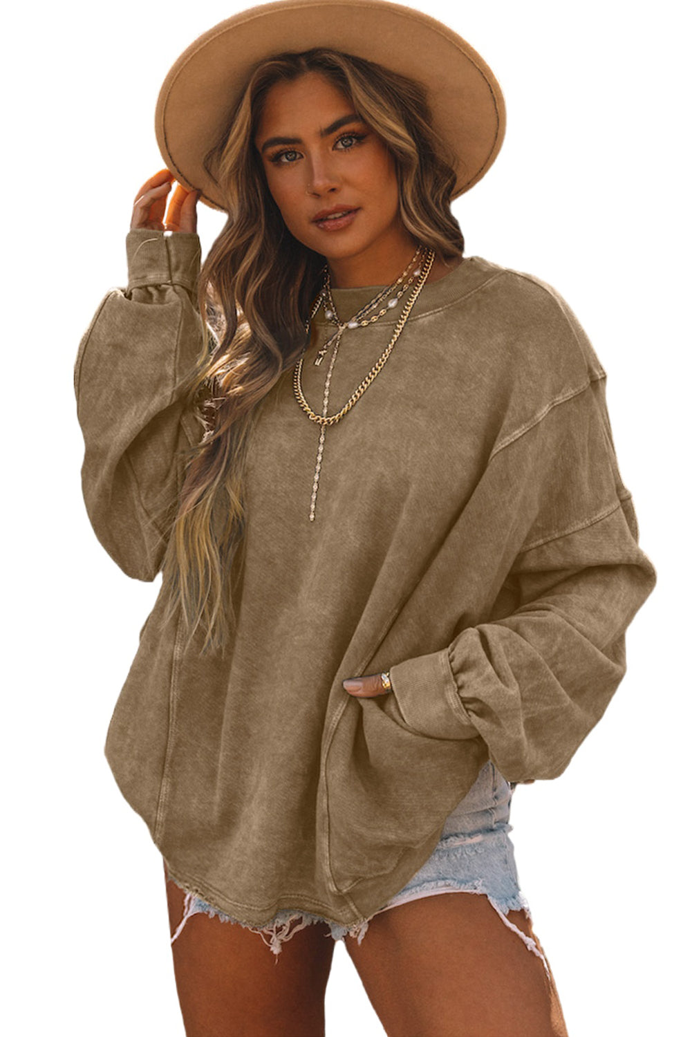 Khaki Exposed Seam Twist Open Back Oversized Sweatshirt - Premium Tops from Momma Done Gone Crafty- Just $62.40! Shop now at Momma Done Gone Crafty