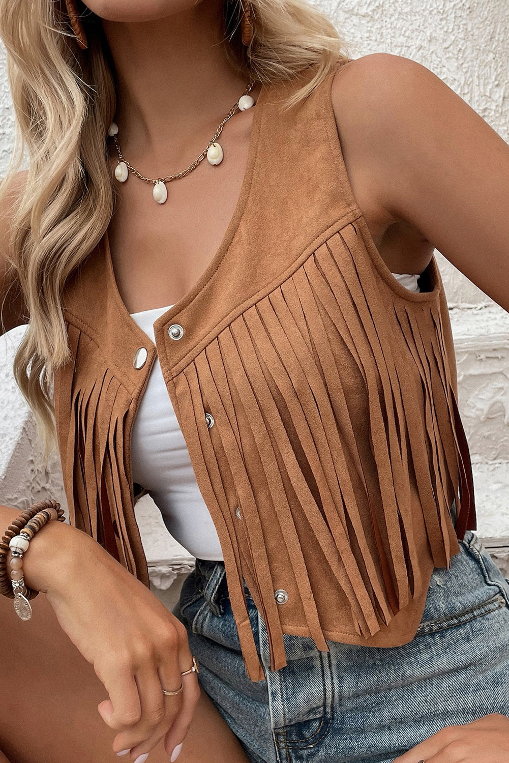 Camel Fringed Snap Button Front Suedette Vest - Premium Outerwear/Jackets from Momma Done Gone Crafty- Just $18.84! Shop now at Momma Done Gone Crafty