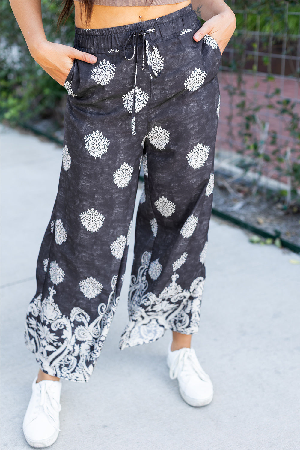 Black Bohemian Printed Drawstring Waist Wide Leg Pants - Premium Bottoms/Pants & Culotte from Momma Done Gone Crafty- Just $21.75! Shop now at Momma Done Gone Crafty