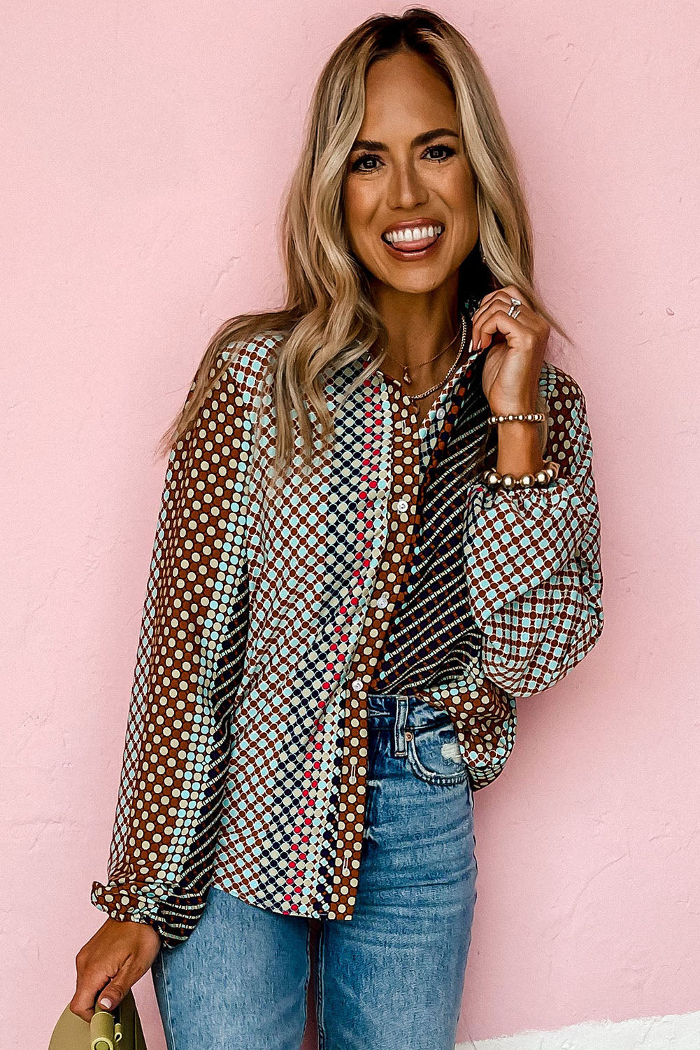 Brown Dot Print Long Sleeve Button Down Shift Shirt - Premium Tops from Momma Done Gone Crafty- Just $22.50! Shop now at Momma Done Gone Crafty