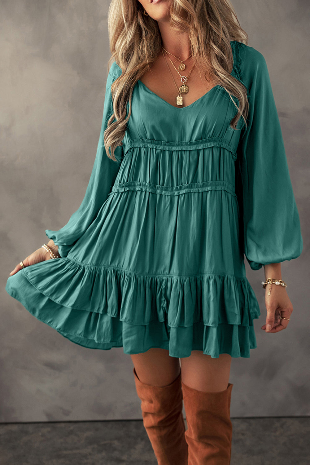 Mist Green Tiered Ruffled Puff Sleeve Loose Fit Mini Dress - Premium Dresses/Mini Dresses from Ashes 2 Wildflowers Boutique, LLC- Just $69.99! Shop now at Ashes 2 Wildflowers Boutique, LLC