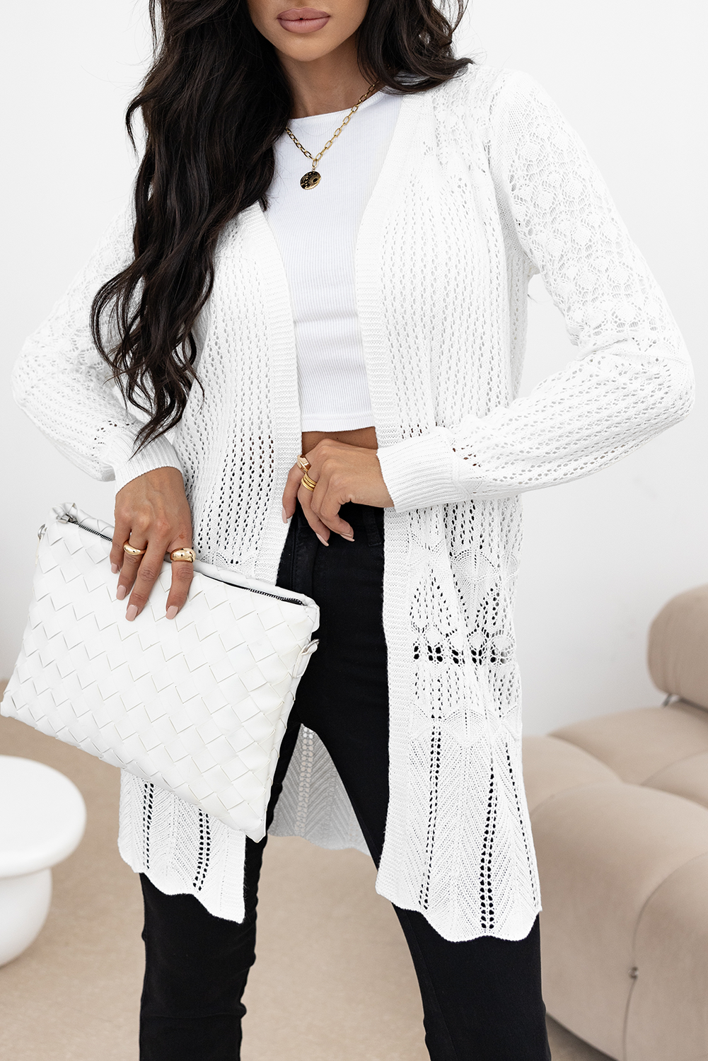 White Crochet Hollow Out Open Front Cardigan - Premium Sweaters & Cardigans/Cardigans from Momma Done Gone Crafty- Just $35.40! Shop now at Momma Done Gone Crafty