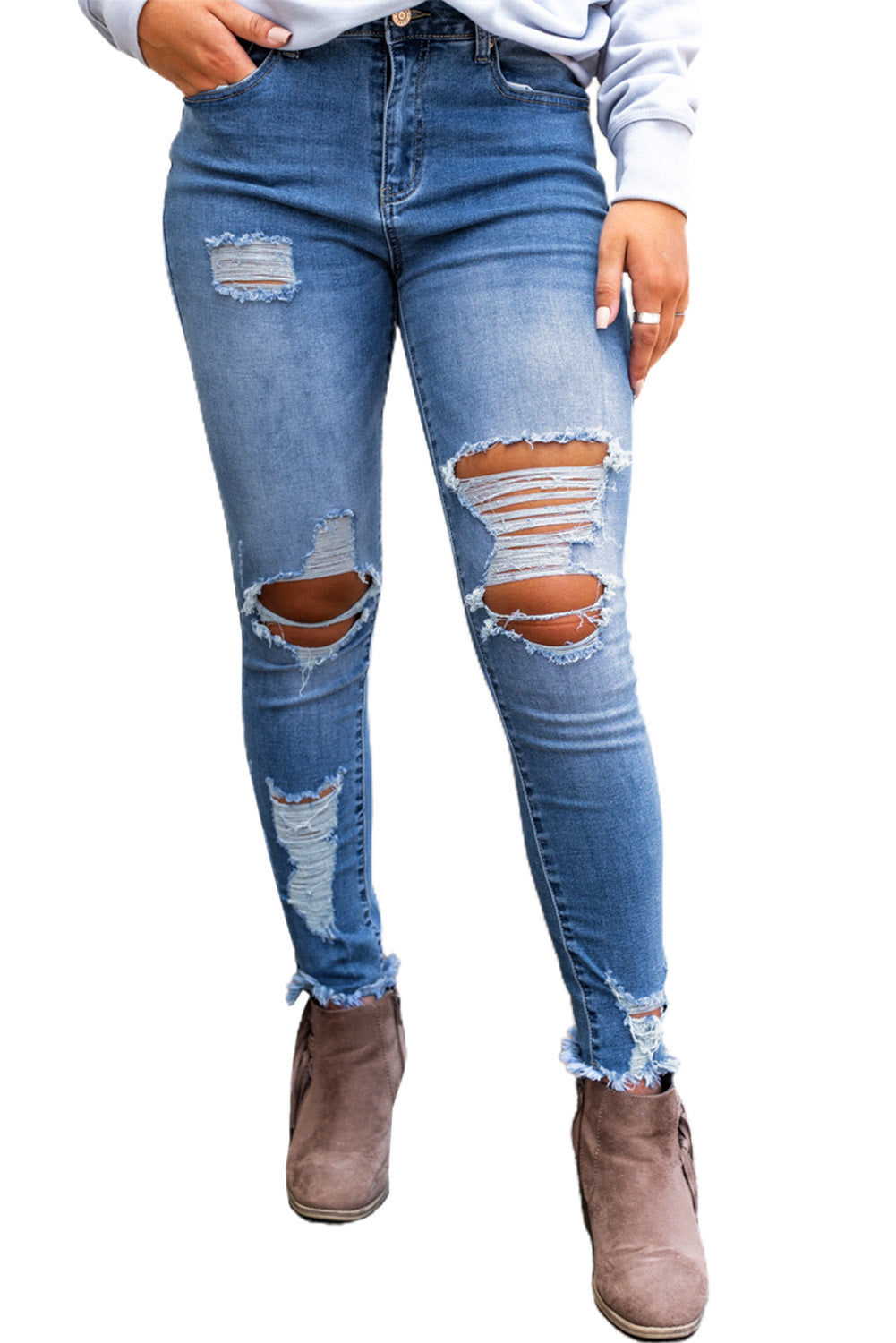 Sky Blue High Waist Distressed Skinny Jeans - Premium Bottoms from Momma Done Gone Crafty- Just $60.00! Shop now at Momma Done Gone Crafty