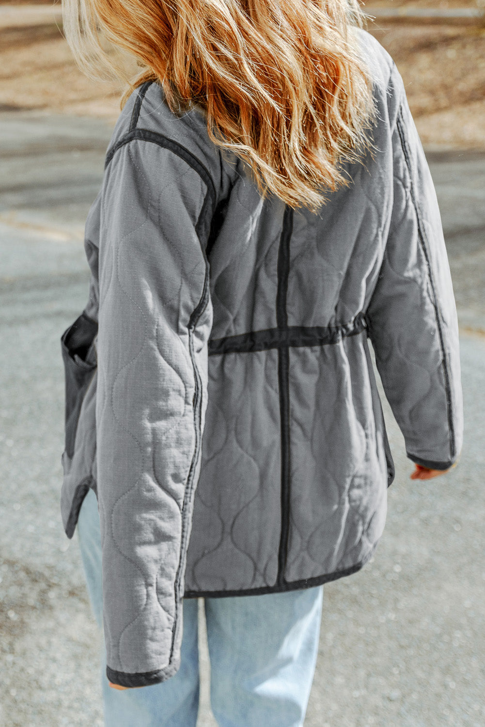 Gray Stitching Quilted Drawstring Jacket - Premium Outerwear from Momma Done Gone Crafty- Just $65.94! Shop now at Momma Done Gone Crafty