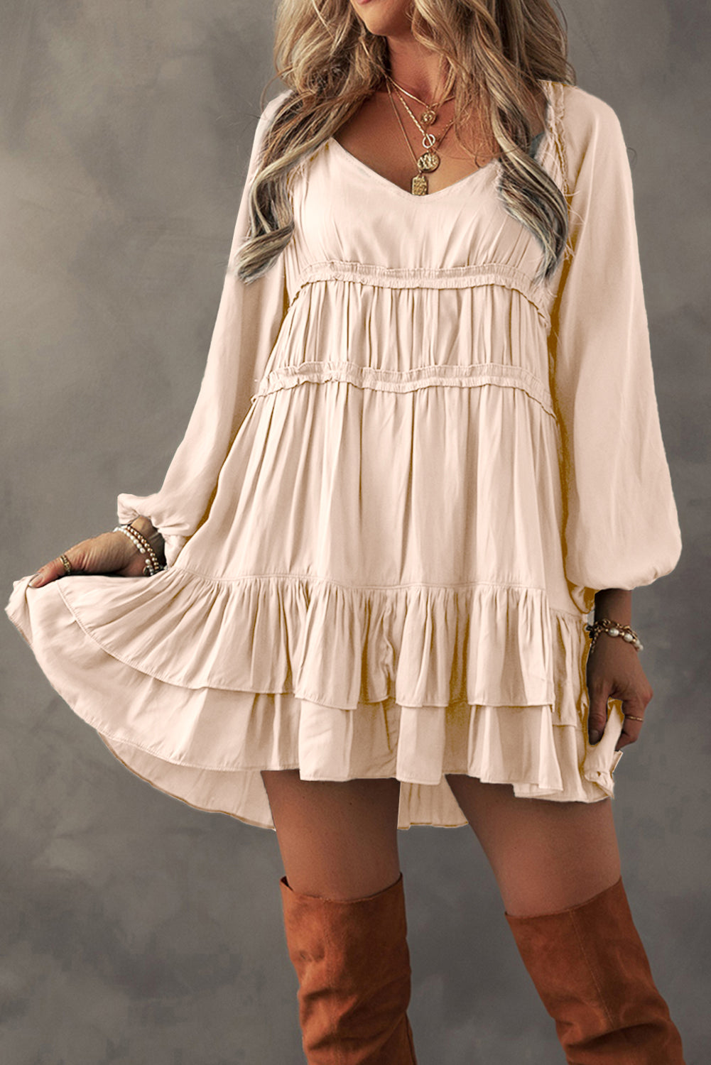 Apricot Tiered Ruffled Puff Sleeve Loose Fit Mini Dress - Premium Dresses/Mini Dresses from Momma Done Gone Crafty- Just $68.99! Shop now at Momma Done Gone Crafty