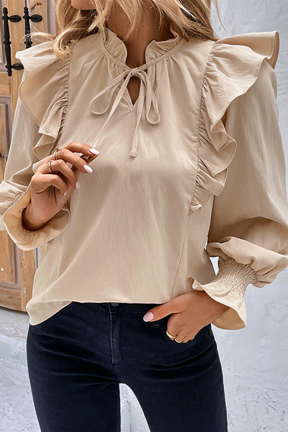 Khaki Ruffled Lace up Bubble Sleeve Blouse - Premium Tops from Momma Done Gone Crafty- Just $45.18! Shop now at Momma Done Gone Crafty
