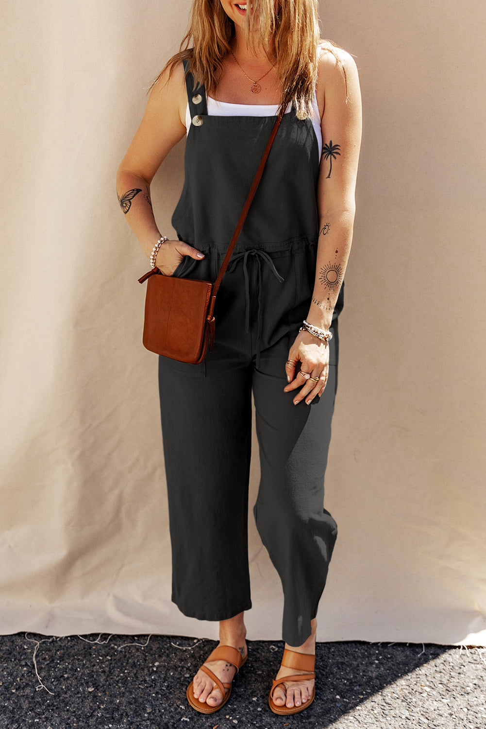 Black Drawstring Buttoned Straps Cropped Overall - Premium Bottoms/Jumpsuits & Rompers from Momma Done Gone Crafty- Just $42.99! Shop now at Momma Done Gone Crafty