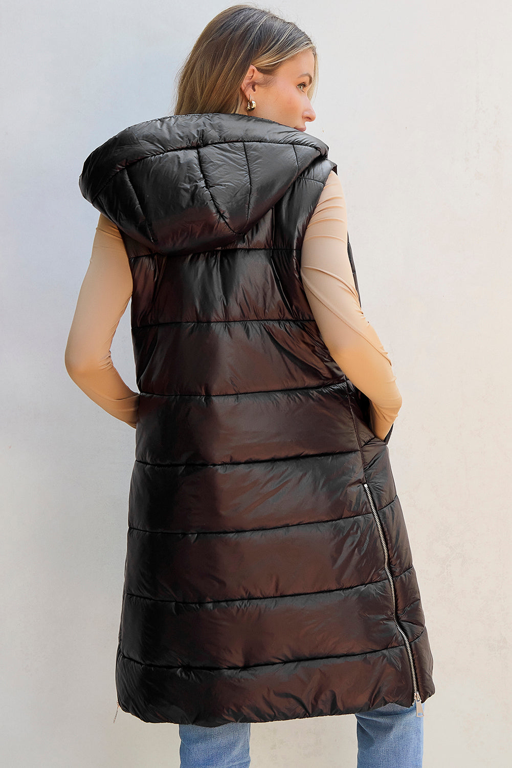 Black Hooded Long Quilted Vest Coat - Premium Outerwear from Momma Done Gone Crafty- Just $90.72! Shop now at Momma Done Gone Crafty
