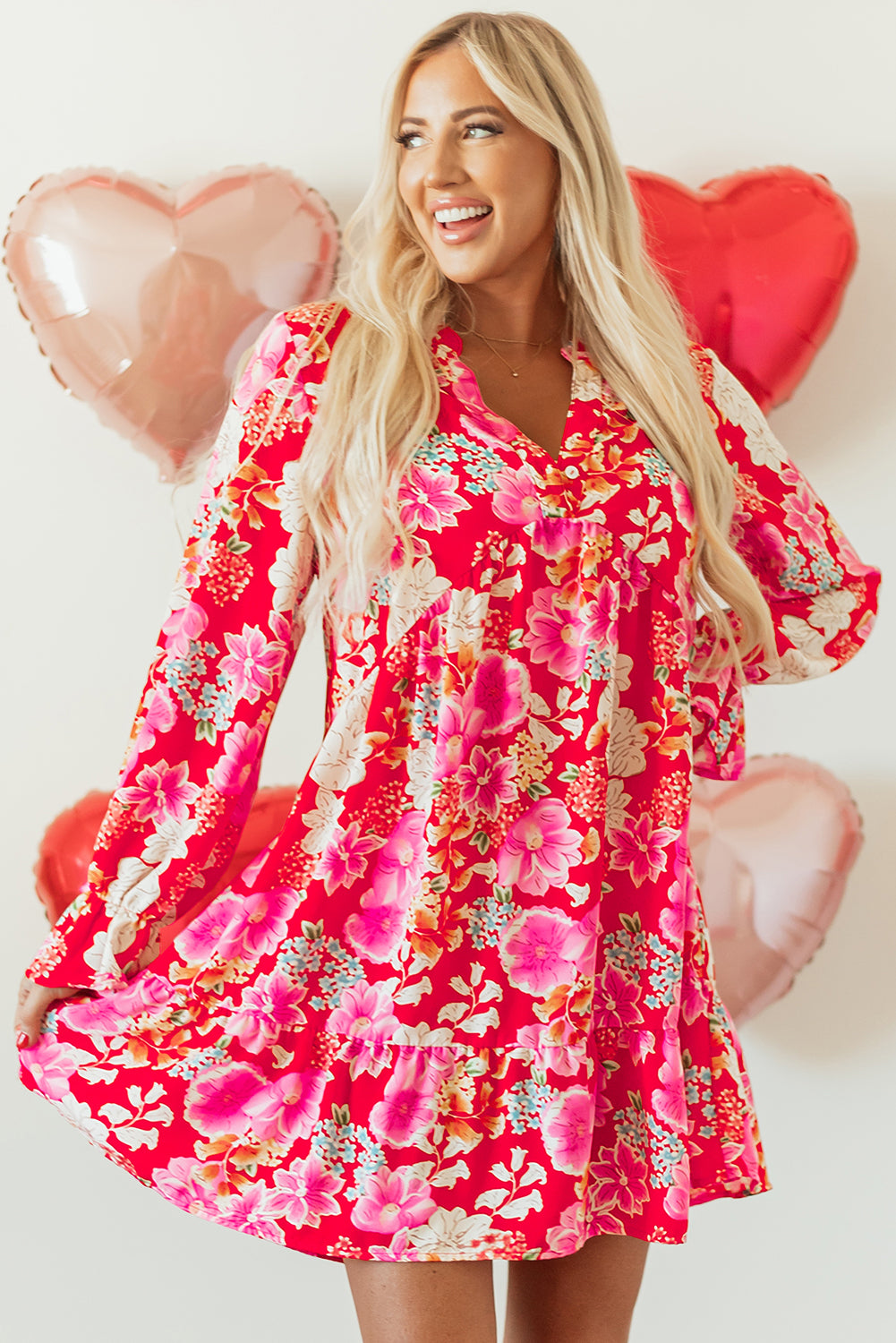 Red Floral Print High Waist V Neck Babydoll Mini Dress - Premium Dresses/Mini Dresses from Momma Done Gone Crafty- Just $38.99! Shop now at Momma Done Gone Crafty