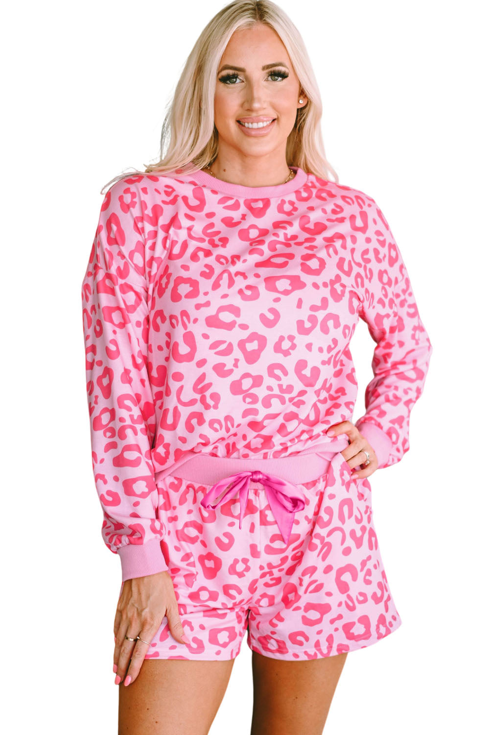 Pink Leopard Long Sleeve Satin Tie Shorts Two Piece Set - Premium Loungewear from Momma Done Gone Crafty- Just $46.70! Shop now at Momma Done Gone Crafty