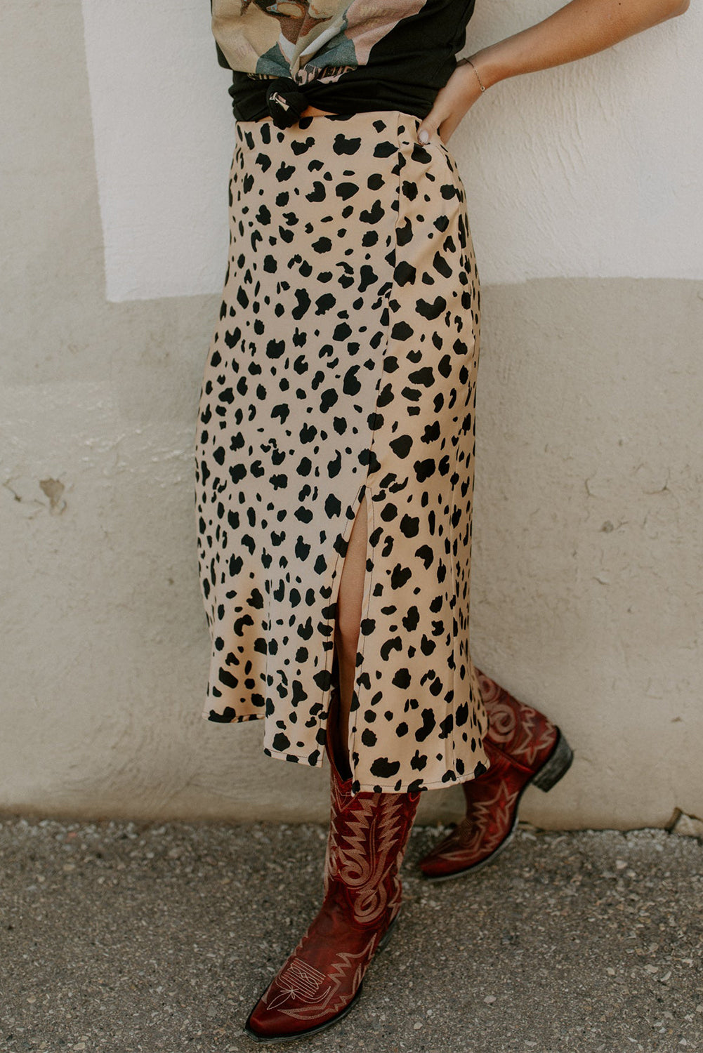 Khaki Leopard Spots Printed Split Hem Midi Skirt - Premium Bottoms/Skirts & Petticoat from Ashes 2 Wildflowers Boutique, LLC- Just $14.55! Shop now at Ashes 2 Wildflowers Boutique, LLC