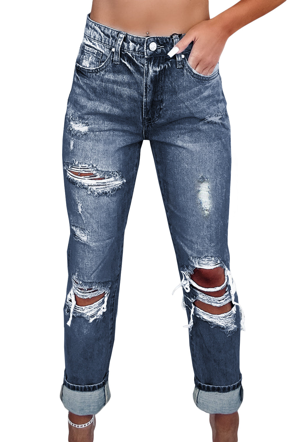Navy Blue Light Wash Frayed Slim Fit High Waist Jeans - Premium Bottoms from Momma Done Gone Crafty- Just $64.99! Shop now at Momma Done Gone Crafty