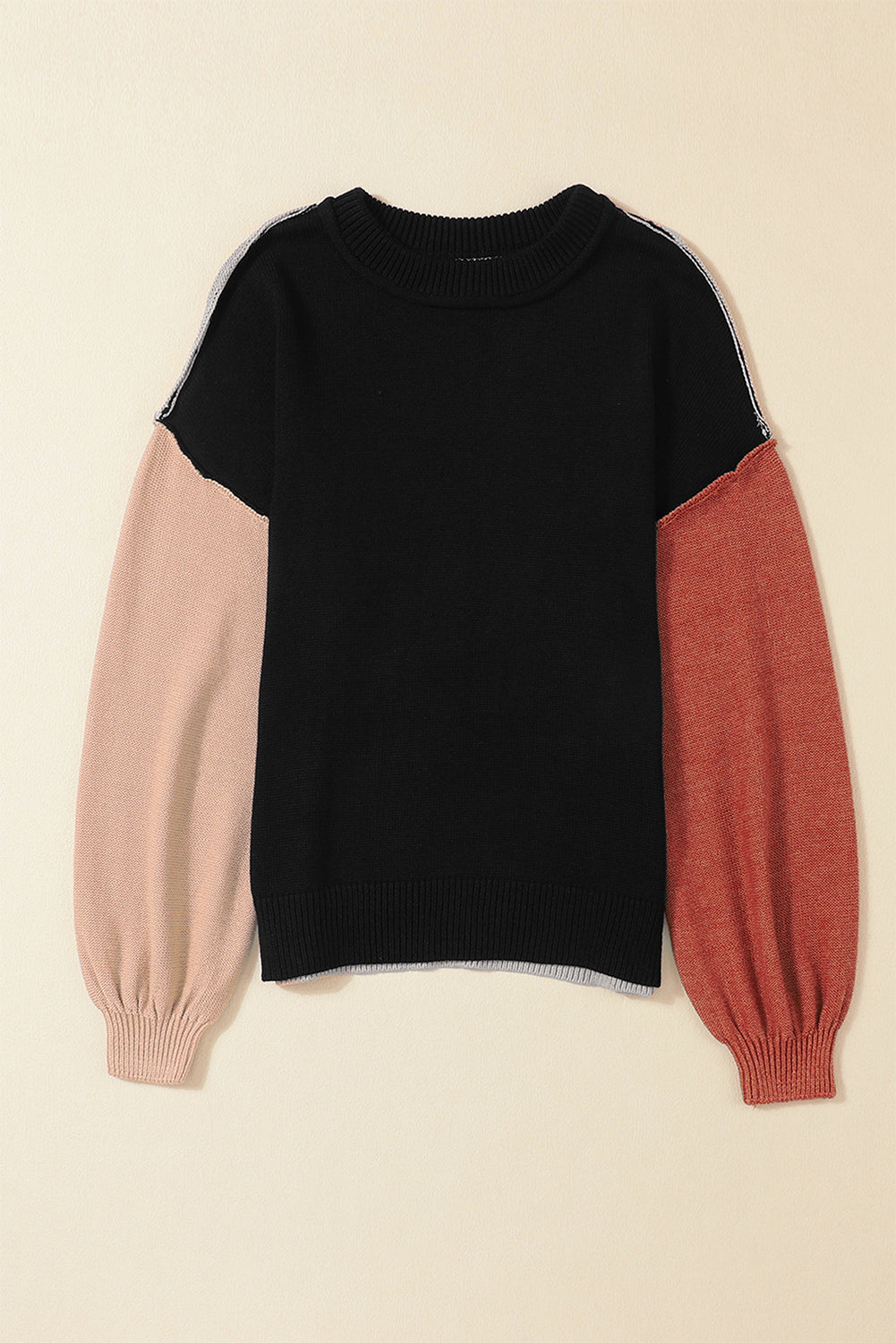 Black Colorblock Bishop Sleeve Ribbed Trim Sweater - Premium Tops from Momma Done Gone Crafty- Just $44.55! Shop now at Momma Done Gone Crafty