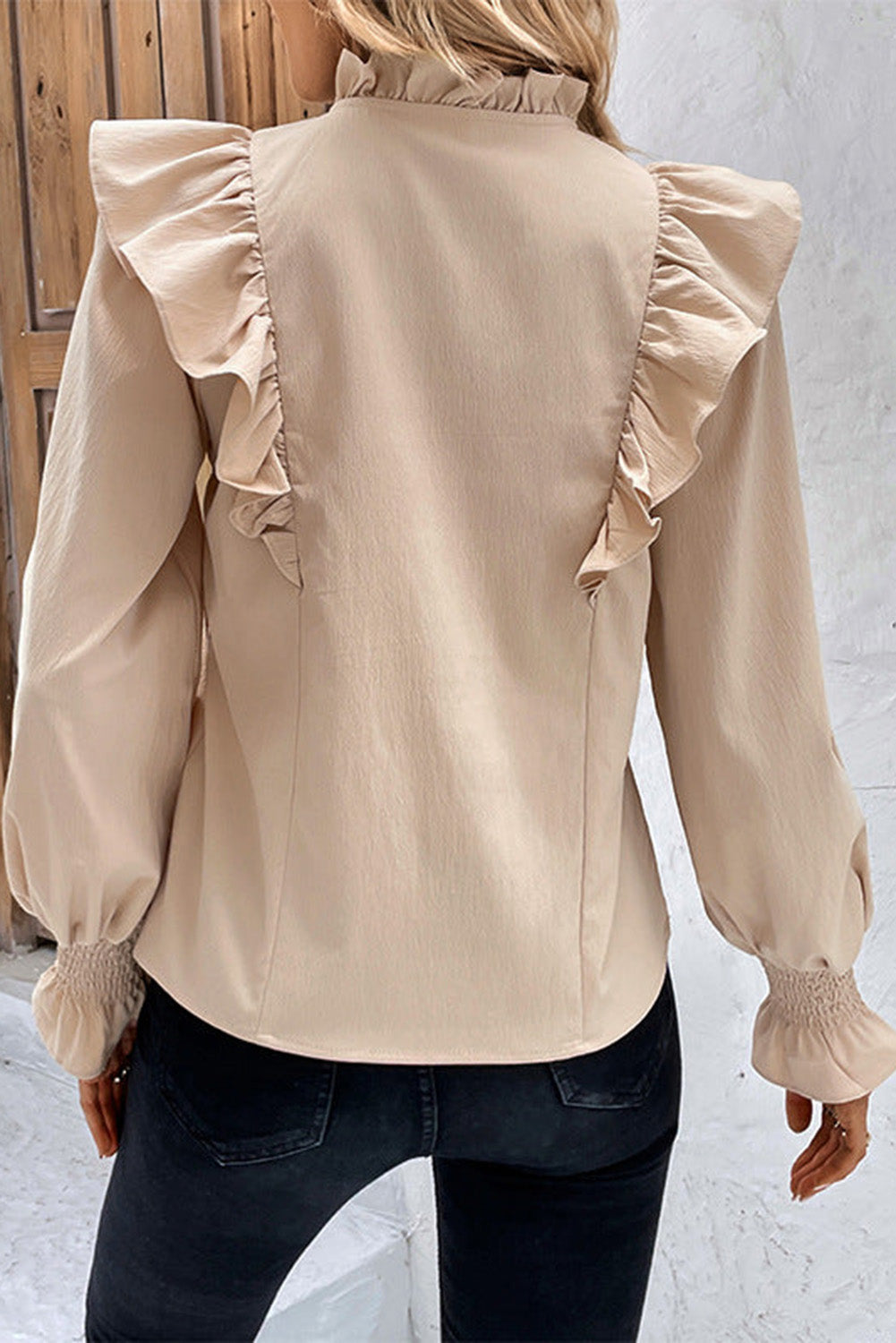 Khaki Ruffled Lace up Bubble Sleeve Blouse - Premium Tops from Momma Done Gone Crafty- Just $45.18! Shop now at Momma Done Gone Crafty