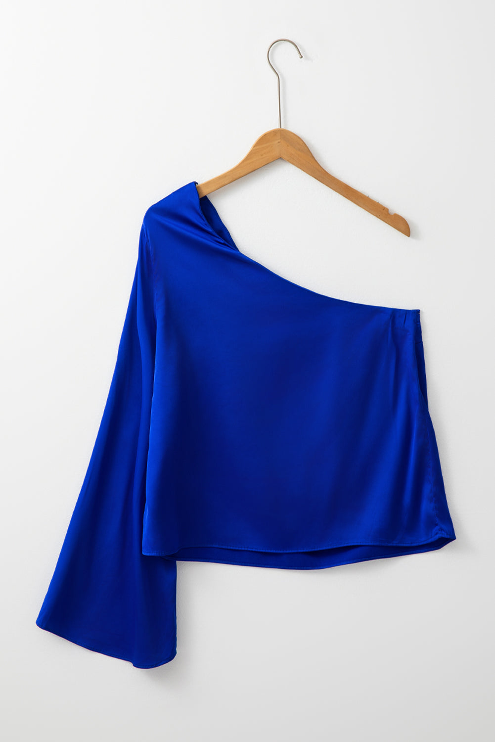 Dark Blue Asymmetric One Shoulder Bell Sleeve Satin Blouse - Premium Tops/Blouses & Shirts from Momma Done Gone Crafty- Just $14.10! Shop now at Momma Done Gone Crafty