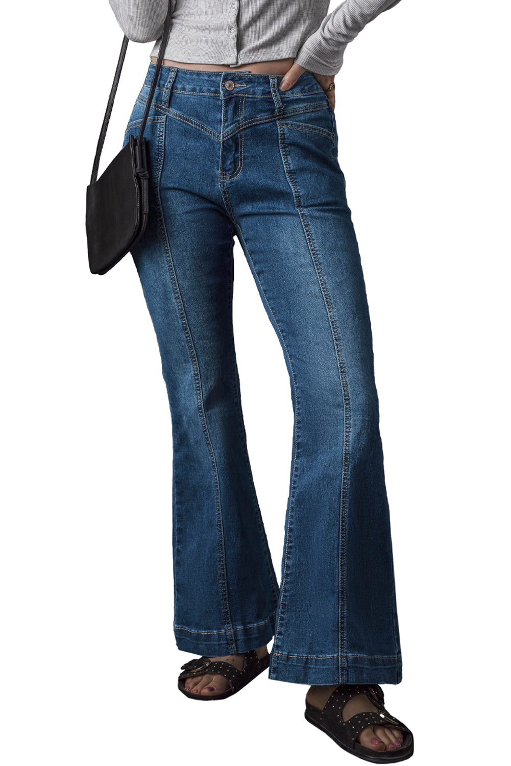 Blue High Waist Seam Stitching Pocket Flare Jeans - Premium Bottoms from Momma Done Gone Crafty- Just $60! Shop now at Momma Done Gone Crafty