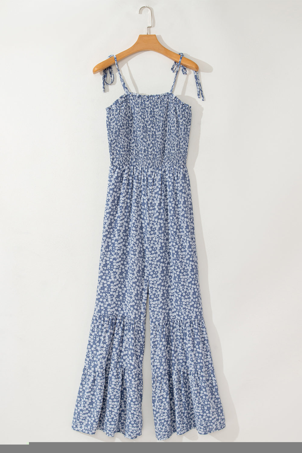 Dusk Blue Thin Straps Smocked Bodice Wide Leg Floral Jumpsuit - Premium Bottoms/Jumpsuits & Rompers from Momma Done Gone Crafty- Just $32.13! Shop now at Momma Done Gone Crafty