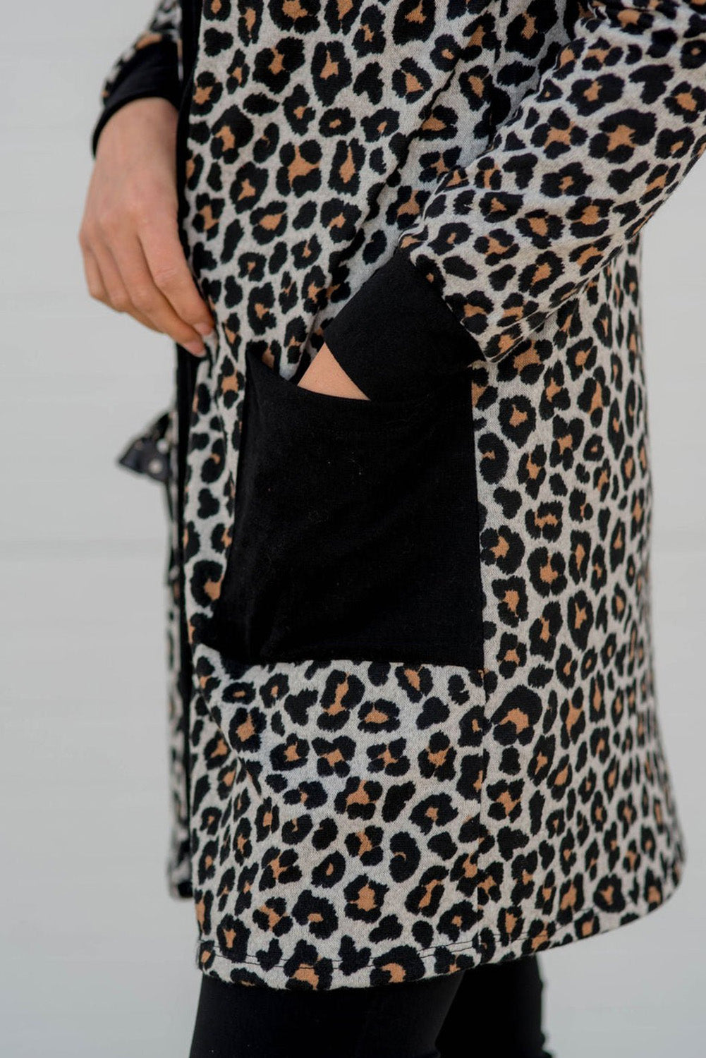 Black Leopard Patched Pocket Open Front Cardigan - Premium Sweaters & Cardigans/Cardigans from Momma Done Gone Crafty- Just $15.75! Shop now at Momma Done Gone Crafty