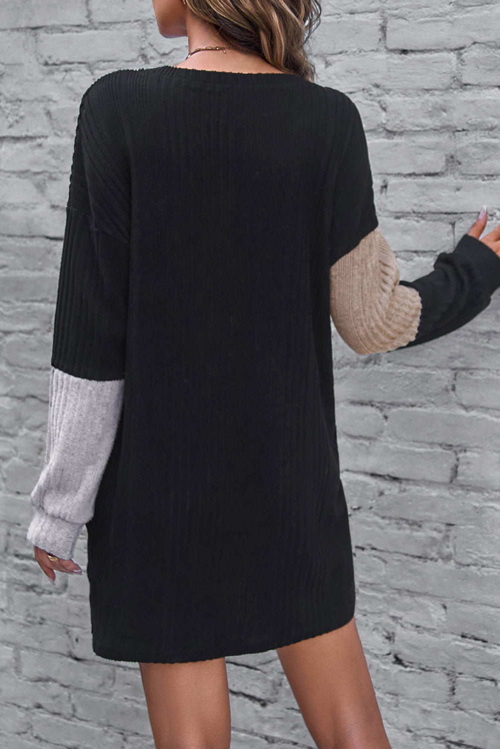 Black Ribbed Color Block Drop Shoulder Long Sleeve Mini Dress - Premium Dresses from Momma Done Gone Crafty- Just $26.99! Shop now at Momma Done Gone Crafty