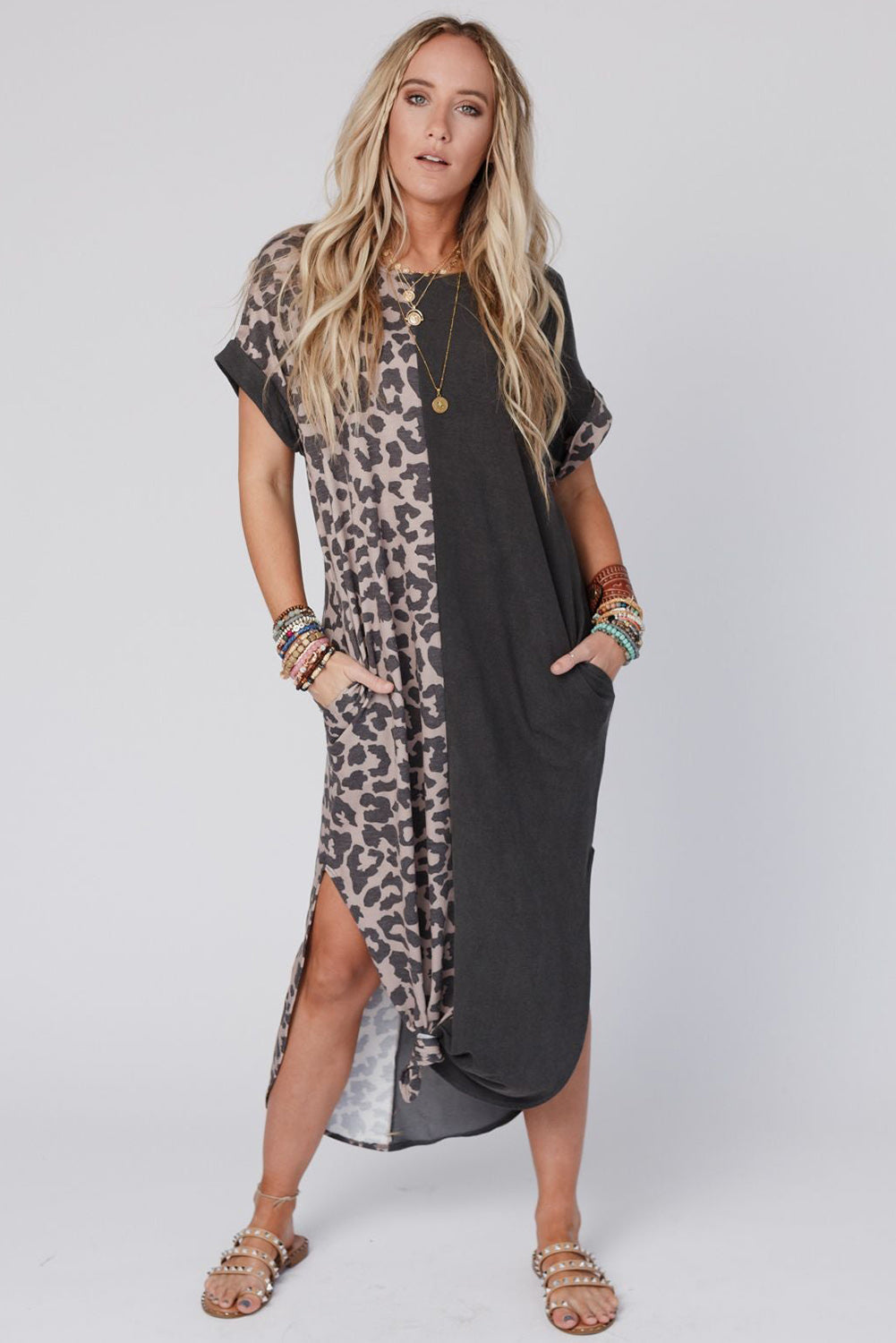 Black Contrast Solid Leopard Short Sleeve T-shirt Dress with Slits - Premium Dresses from Momma Done Gone Crafty- Just $24! Shop now at Momma Done Gone Crafty