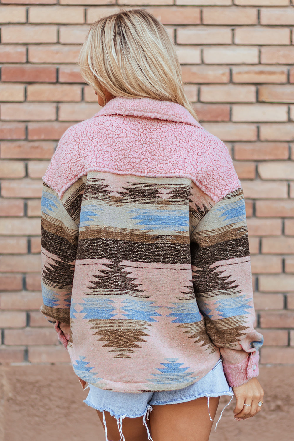 Pink Western Aztec Print Sherpa Splicing Buttoned Flap Pocket Coat - Premium Outerwear/Jackets from Ashes 2 Wildflowers Boutique, LLC- Just $37.40! Shop now at Ashes 2 Wildflowers Boutique, LLC