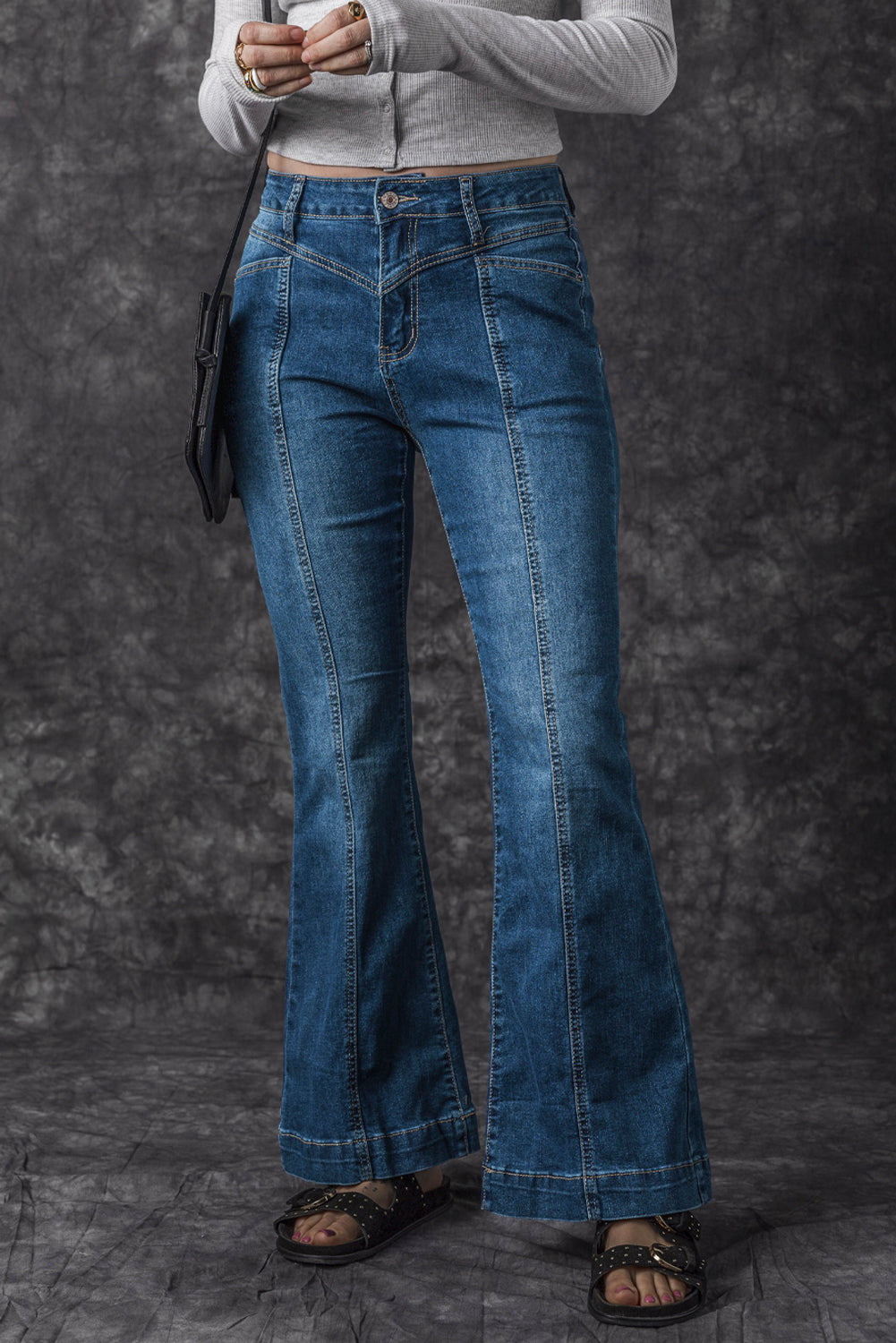 Blue High Waist Seam Stitching Pocket Flare Jeans - Premium Bottoms from Momma Done Gone Crafty- Just $60! Shop now at Momma Done Gone Crafty