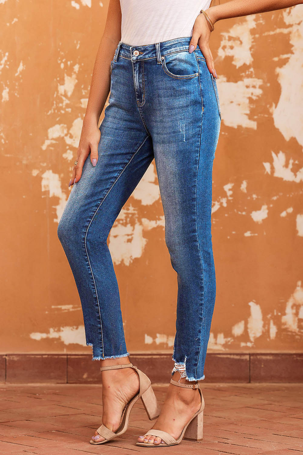 Blue Raw Hem Ankle-length Skinny Jeans - Premium Bottoms from Momma Done Gone Crafty- Just $60.99! Shop now at Momma Done Gone Crafty