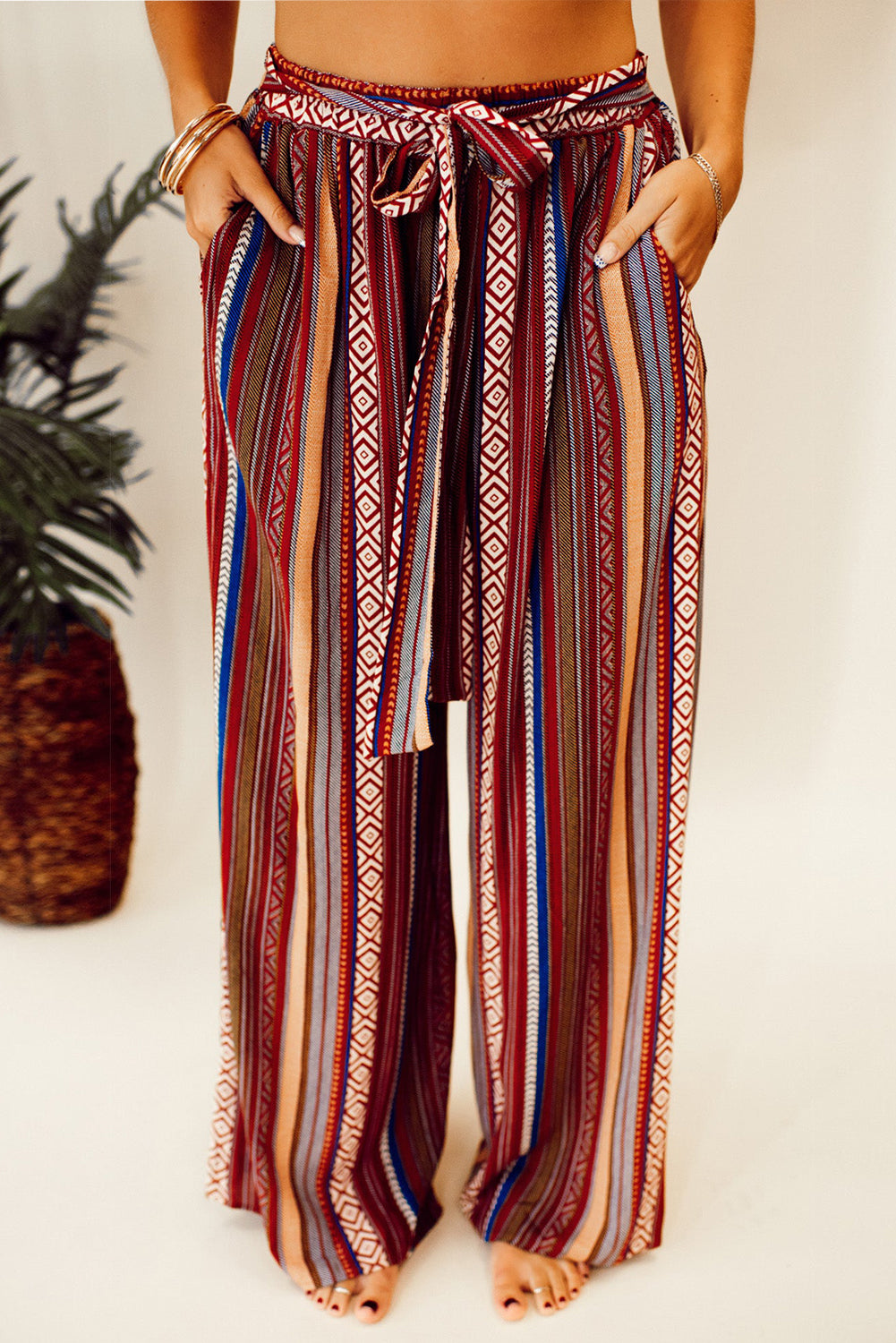 Red Boho Ethnic Striped Print Tie Waist Wide Leg Pants - Premium Bottoms/Pants & Culotte from Momma Done Gone Crafty- Just $22.83! Shop now at Momma Done Gone Crafty