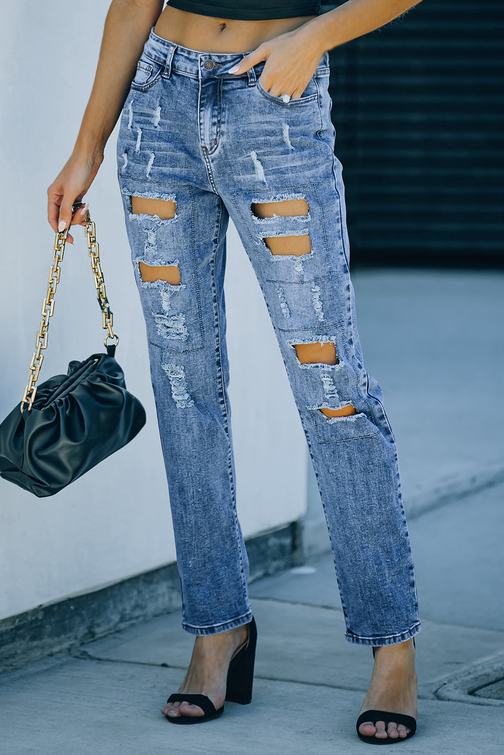 Sky Blue Buttoned Pockets Distressed Jeans - Premium Bottoms from Momma Done Gone Crafty- Just $38.99! Shop now at Momma Done Gone Crafty