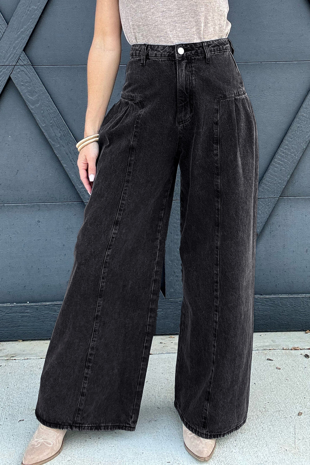 Dark Grey Pleated Wide Leg Mineral Wash Denim Pants - Premium Bottoms/Jeans from Momma Done Gone Crafty- Just $36.45! Shop now at Momma Done Gone Crafty