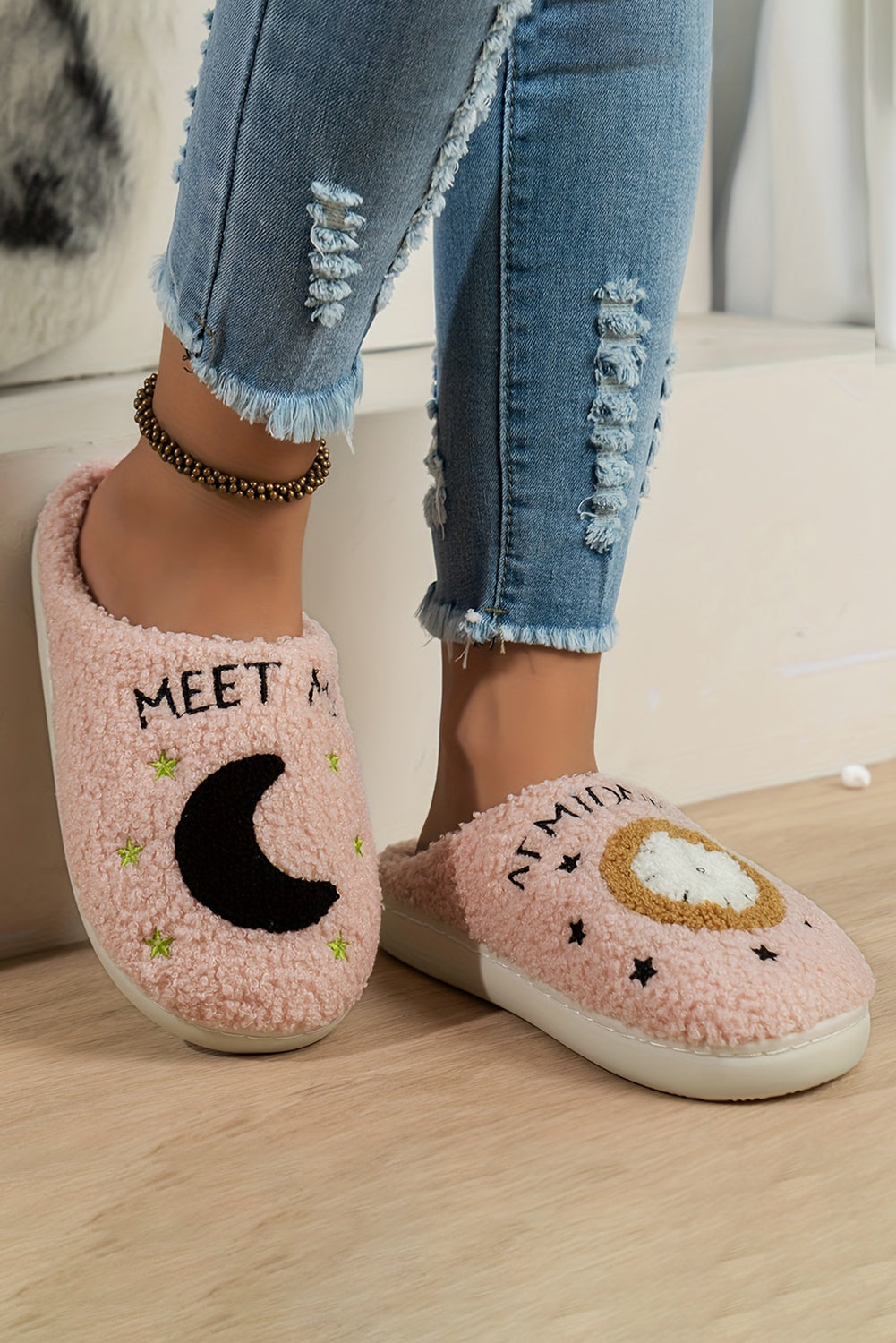 Light Pink Moon & Clock Pattern Fuzzy Home Slippers - Premium Shoes & Bags/Slippers from Momma Done Gone Crafty- Just $16.99! Shop now at Momma Done Gone Crafty