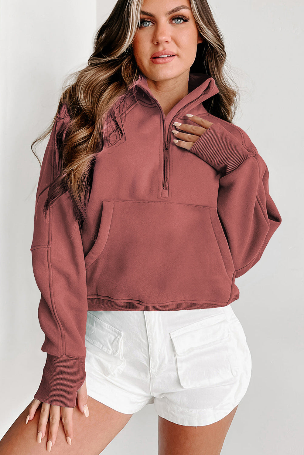 Brown Zip Up Stand Collar Ribbed Thumbhole Sleeve Sweatshirt - Premium Tops from Momma Done Gone Crafty- Just $45.99! Shop now at Momma Done Gone Crafty