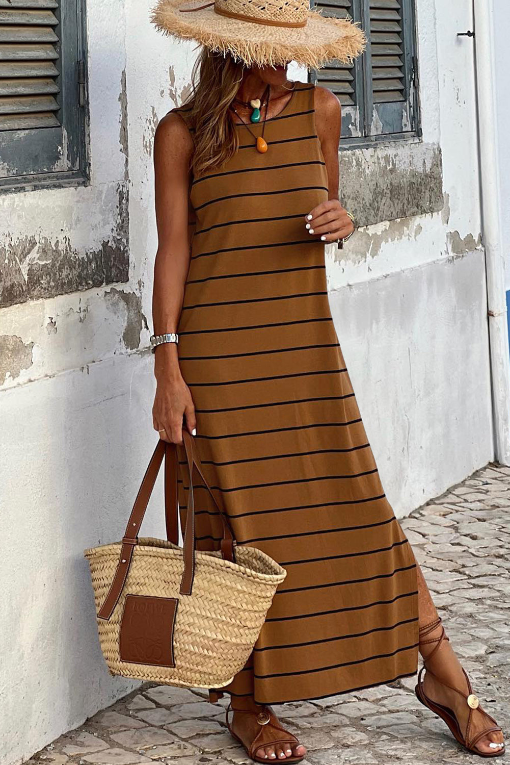 Brown Stripe Print Open Back Sleeveless Maxi Dress with Slits - Premium Dresses from Momma Done Gone Crafty- Just $49.80! Shop now at Momma Done Gone Crafty