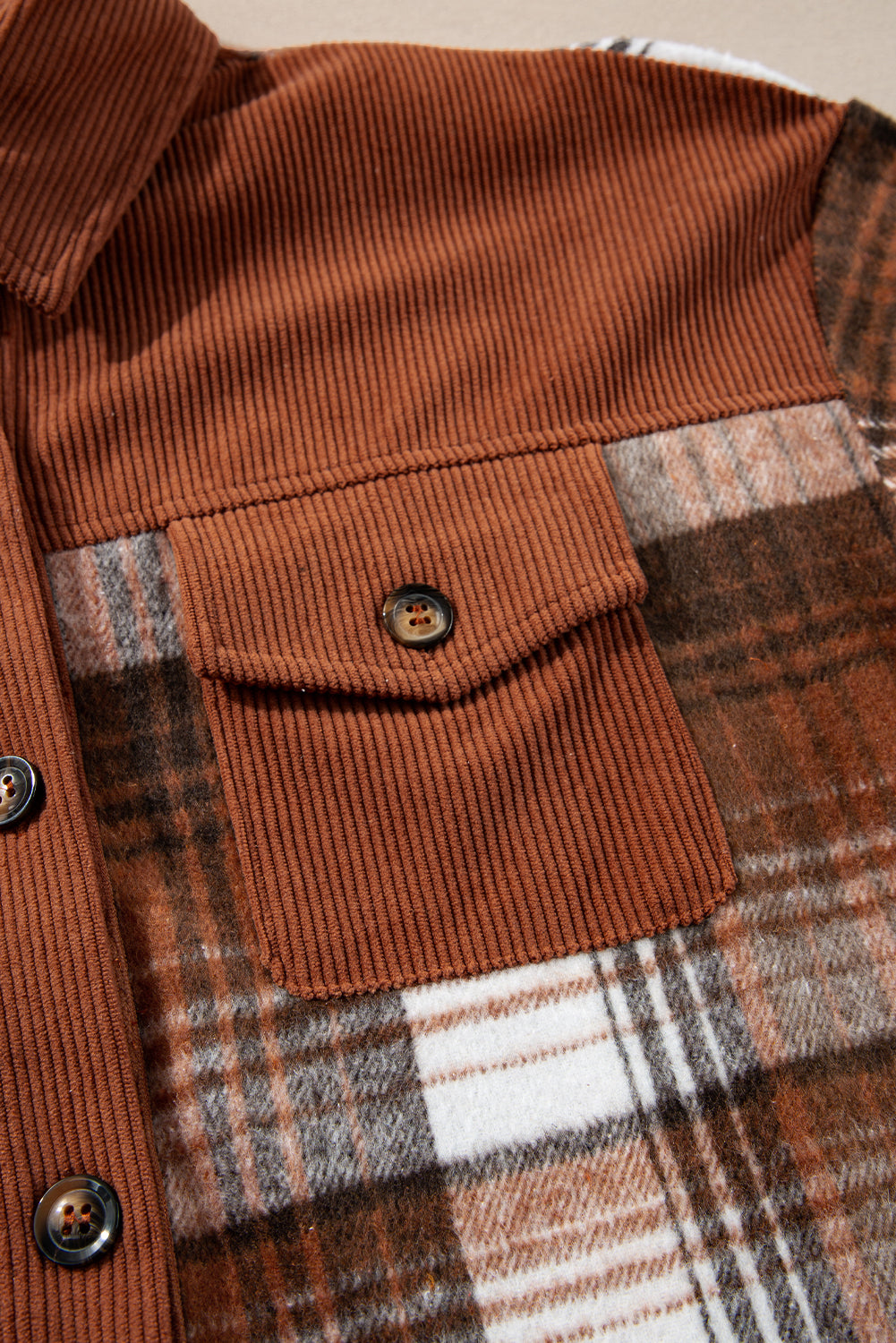 Cinnamon Plaid Corduroy Patchwork Chest Pocket Shacket - Premium Outerwear/Plaid Shackets from Momma Done Gone Crafty- Just $46.99! Shop now at Momma Done Gone Crafty